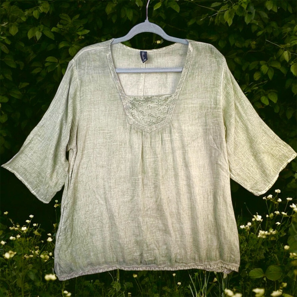 Sacred Threads Light Green Boho Tunic 3/4 Sleeve Lightweight Cotton Blouse L/XL - Picture 1 of 11